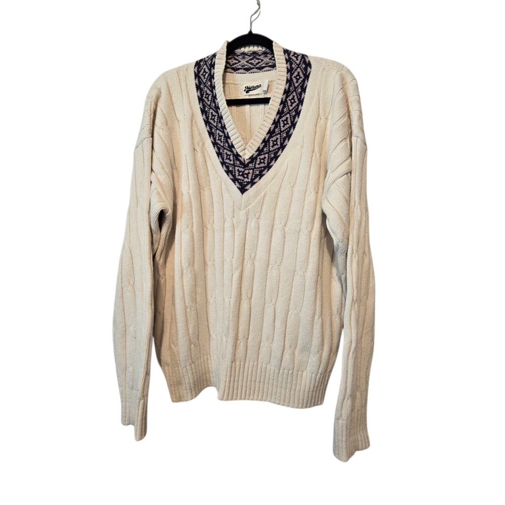 Vintage 80s 90s Cable Knit Cricket Tennis Sweater Mens M Ivory Navy Pickleball